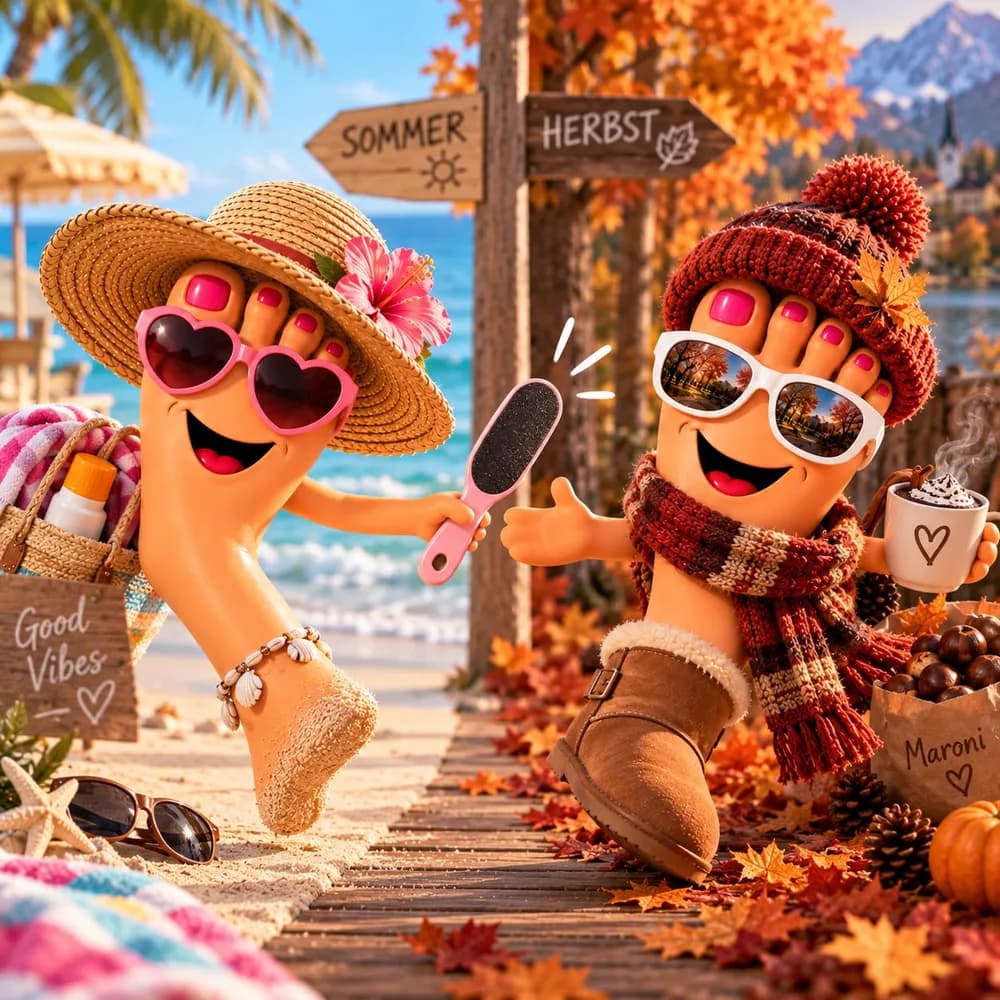 Zwei Cartoon-Füsse am Wegweiser von Sommer zu Herbst, einer mit Strohhut am Strand, einer mit Mütze, Schal und Maroni