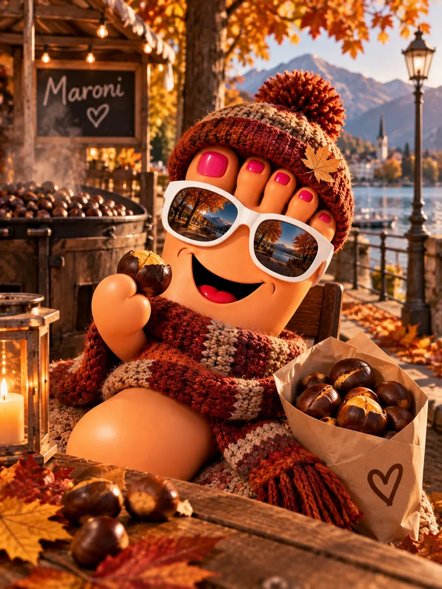 Cartoon-Fuss mit Mütze, Schal und Sonnenbrille geniesst heisse Maroni am herbstlichen Seeufer